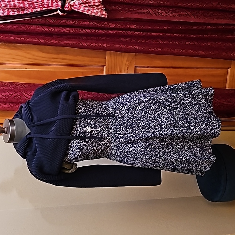 Floral design dress, sweaters, and necklace